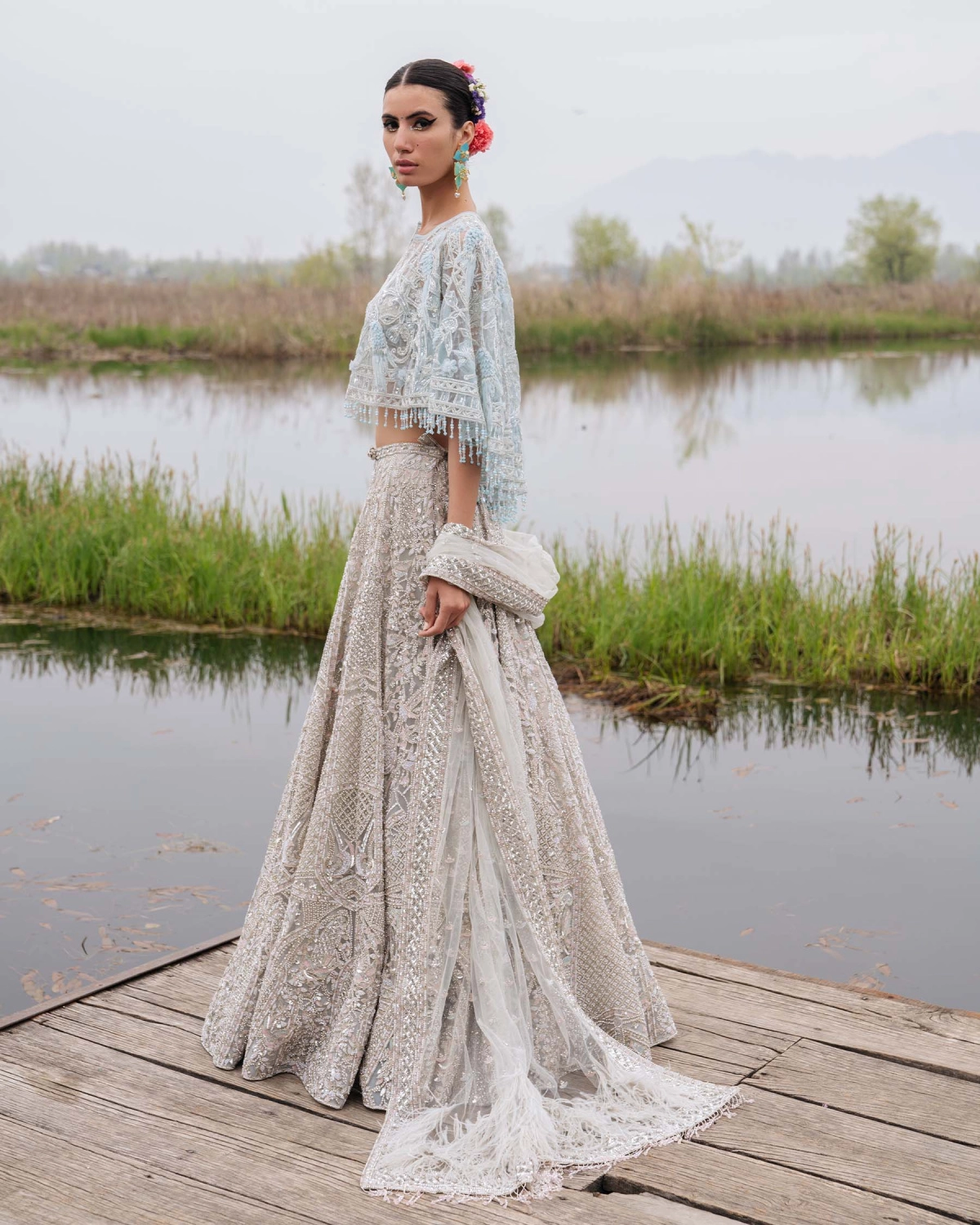 Gwendolyn Light Beige-based, Silver Lehenga Set With Half-sleeved Blouse
