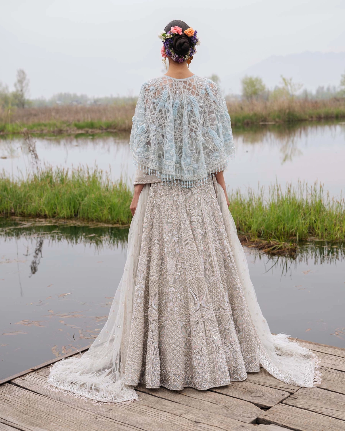 Gwendolyn Light Beige-based, Silver Lehenga Set With Half-sleeved Blouse