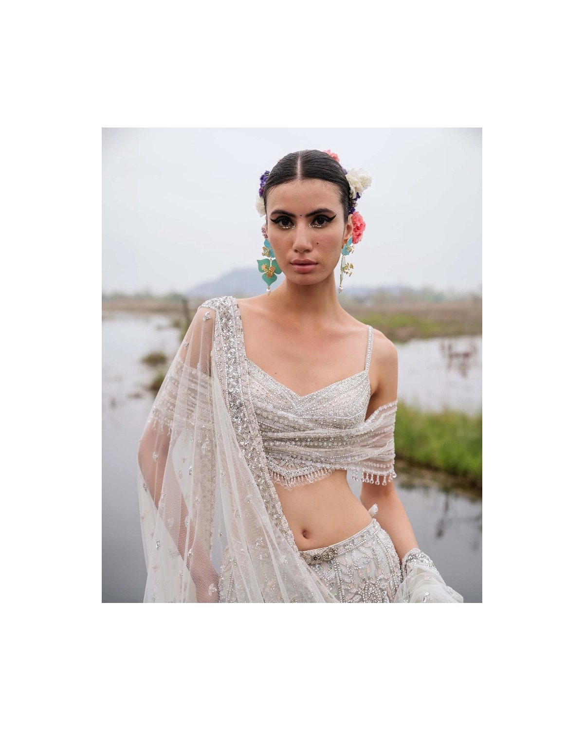 Gwendolyn Light Beige-based, Silver Lehenga Set With Half-sleeved Blouse