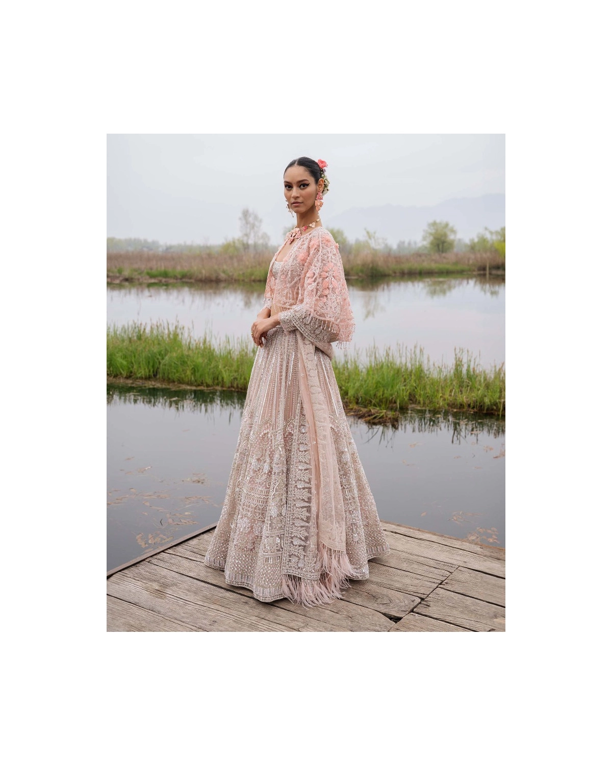 Farrah Powder Pink-based, Silver Lehenga Set With Bordered Tulle Dupatta