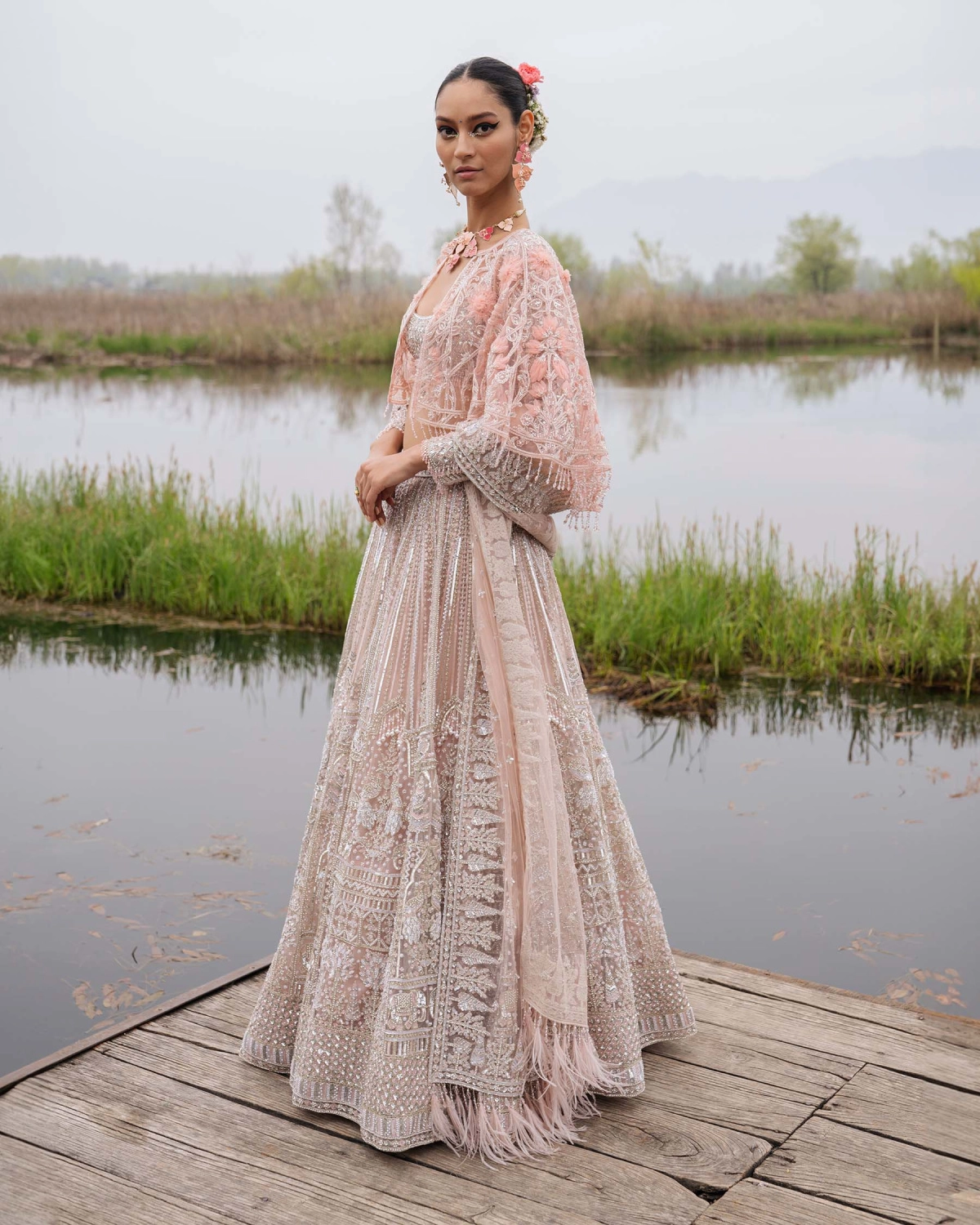 Farrah Powder Pink-based, Silver Lehenga Set With Bordered Tulle Dupatta