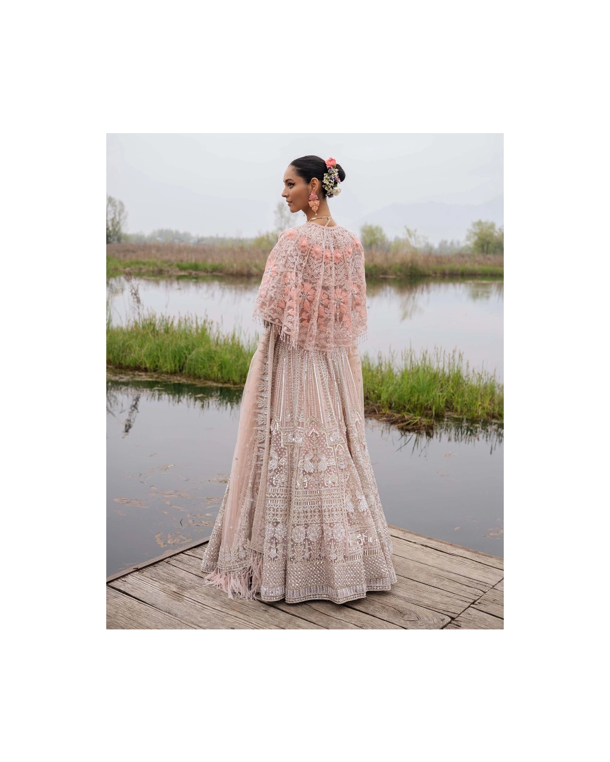 Farrah Powder Pink-based, Silver Lehenga Set With Bordered Tulle Dupatta