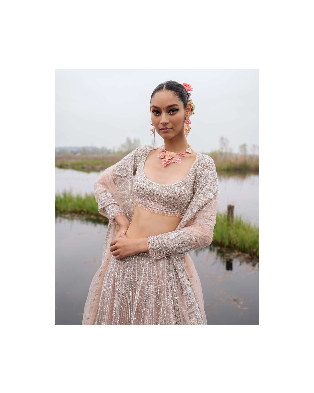 Farrah Powder Pink-based, Silver Lehenga Set With Bordered Tulle Dupatta