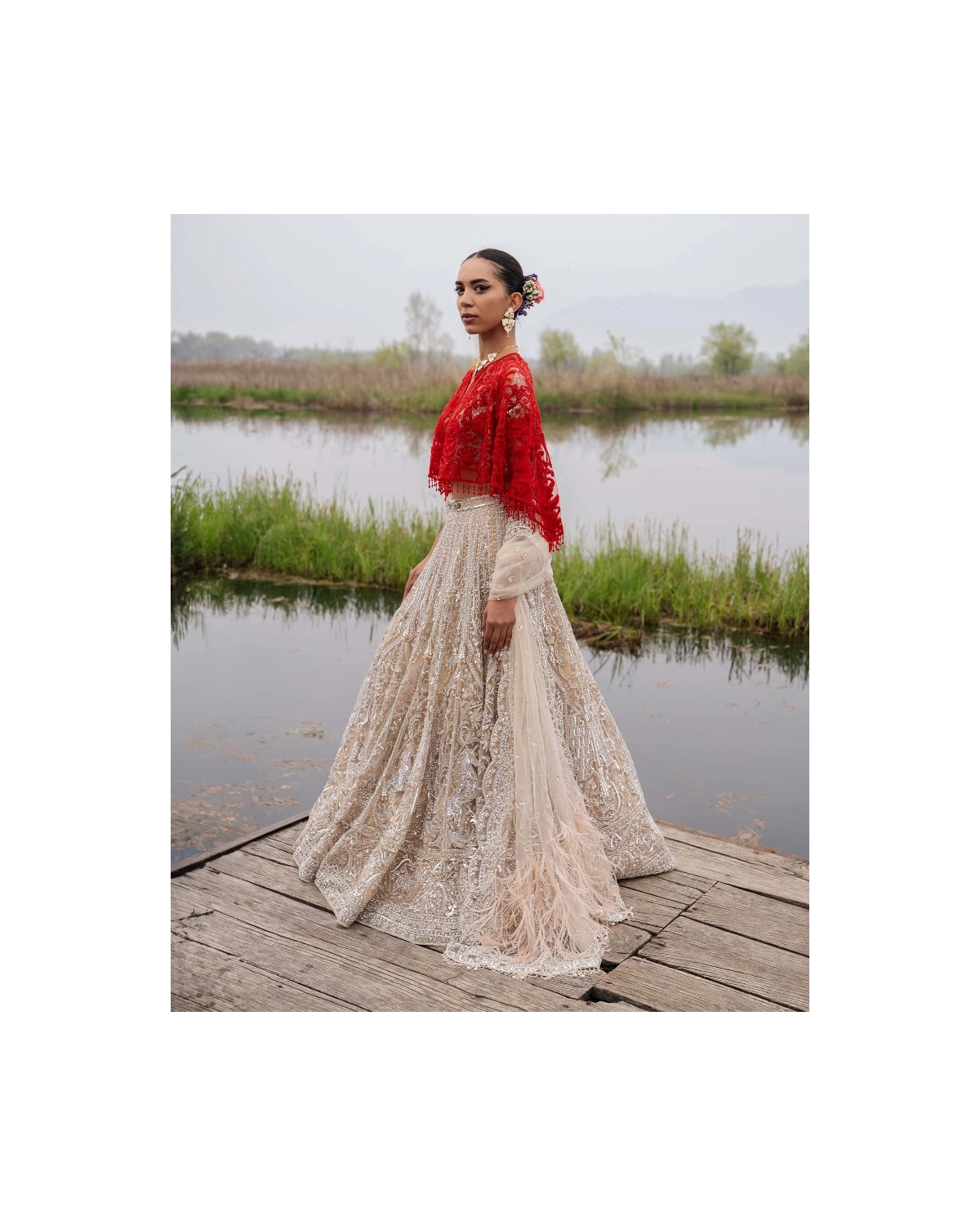 Esmerelda Beige-based, Silver Lehenga Set With Crystals And Beads