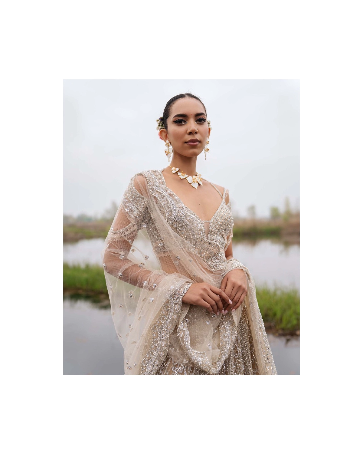 Esmerelda Beige-based, Silver Lehenga Set With Crystals And Beads
