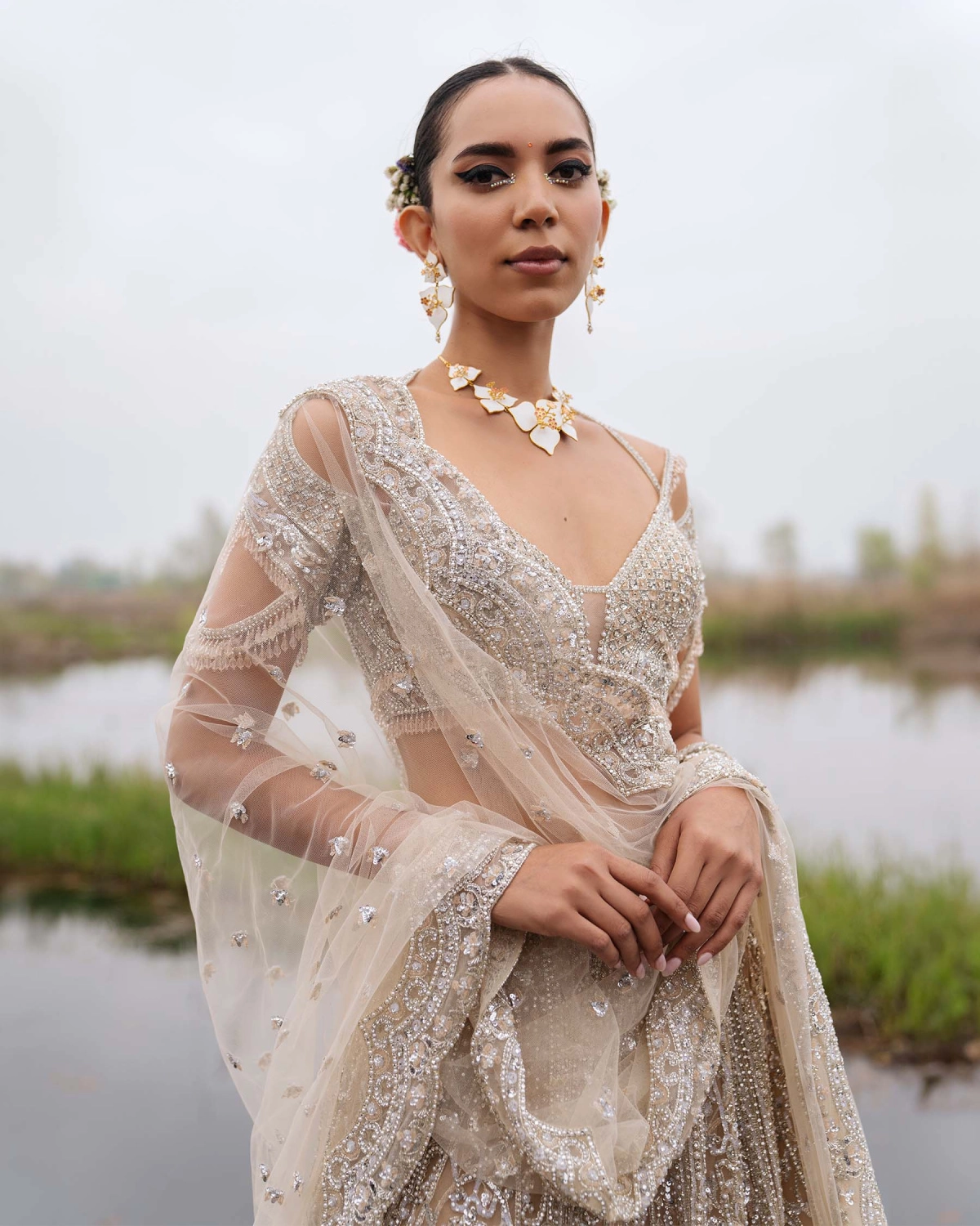 Esmerelda Beige-based, Silver Lehenga Set With Crystals And Beads