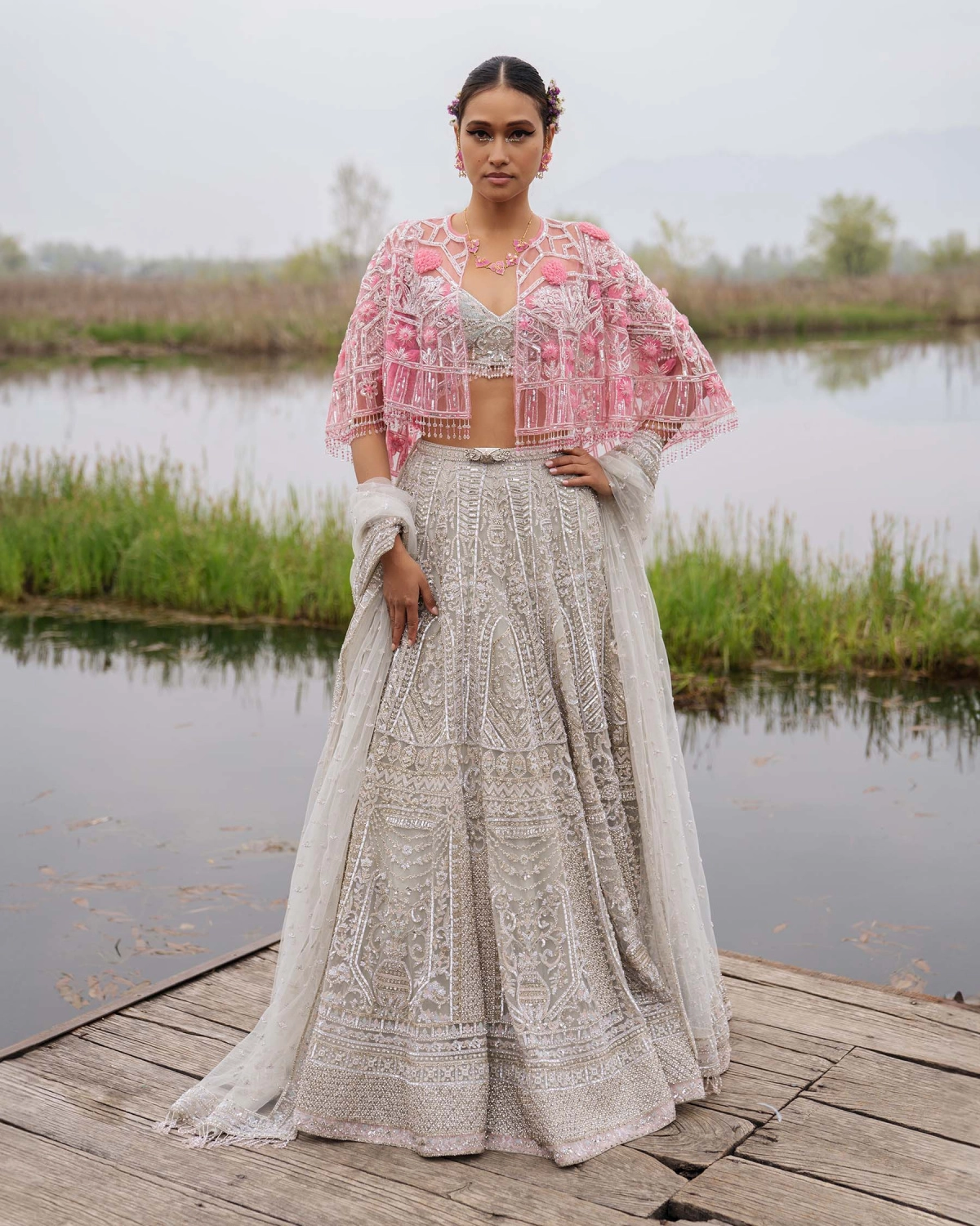 Emmaline Light Grey-based, Silver Lehenga Set With Powder Pink Sequins