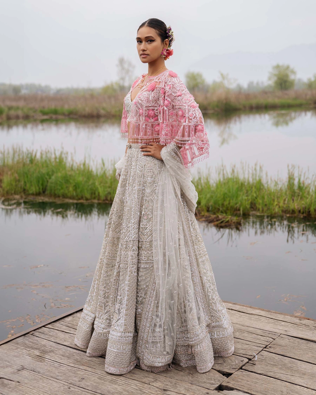 Emmaline Light Grey-based, Silver Lehenga Set With Powder Pink Sequins