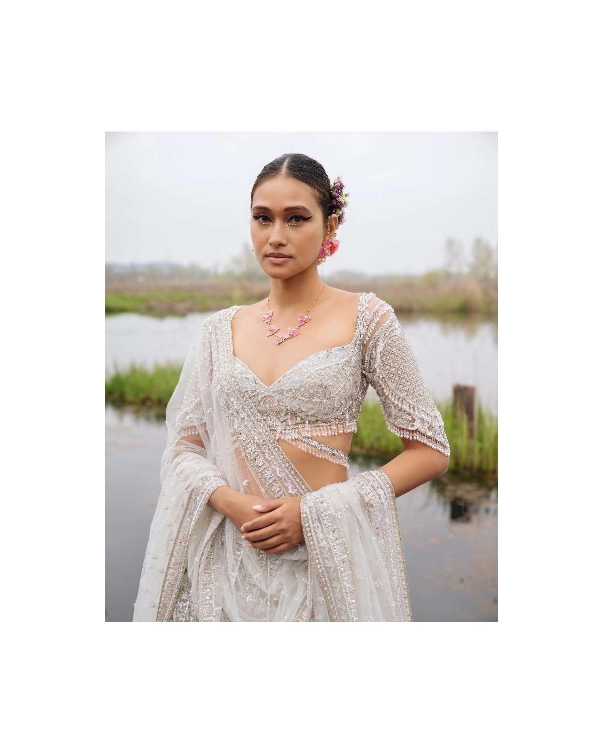 Emmaline Light Grey-based, Silver Lehenga Set With Powder Pink Sequins