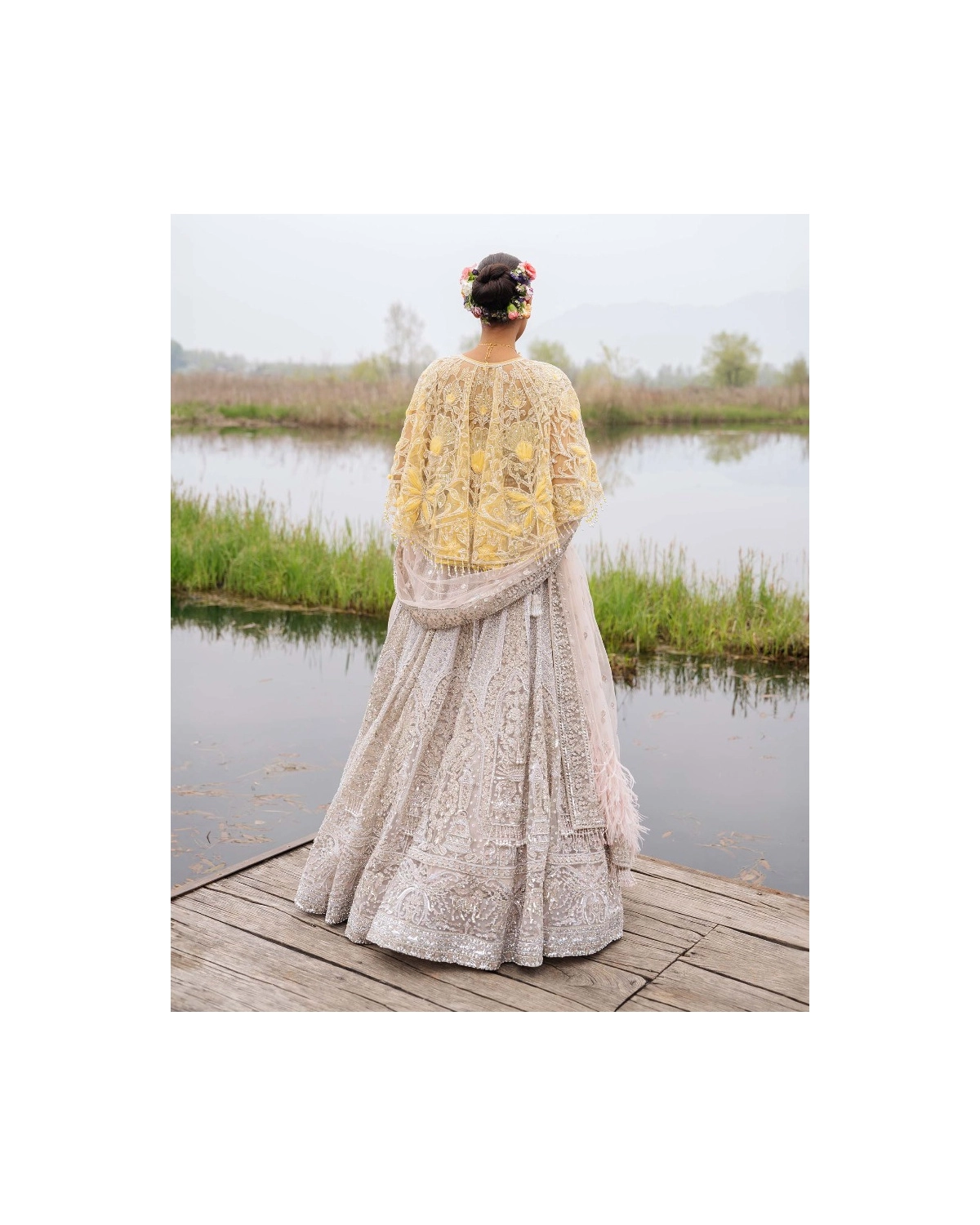 Emery Faded Peach-based, Silver Lehenga Set With Crystals And Pearls
