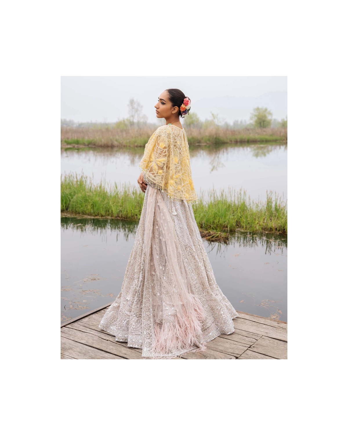 Emery Faded Peach-based, Silver Lehenga Set With Crystals And Pearls