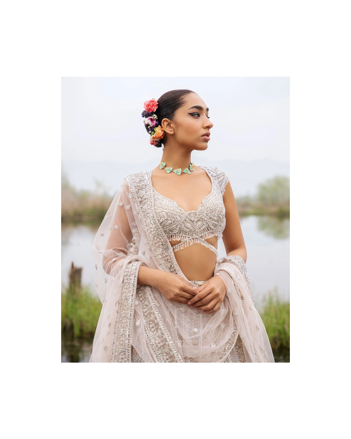 Emery Faded Peach-based, Silver Lehenga Set With Crystals And Pearls