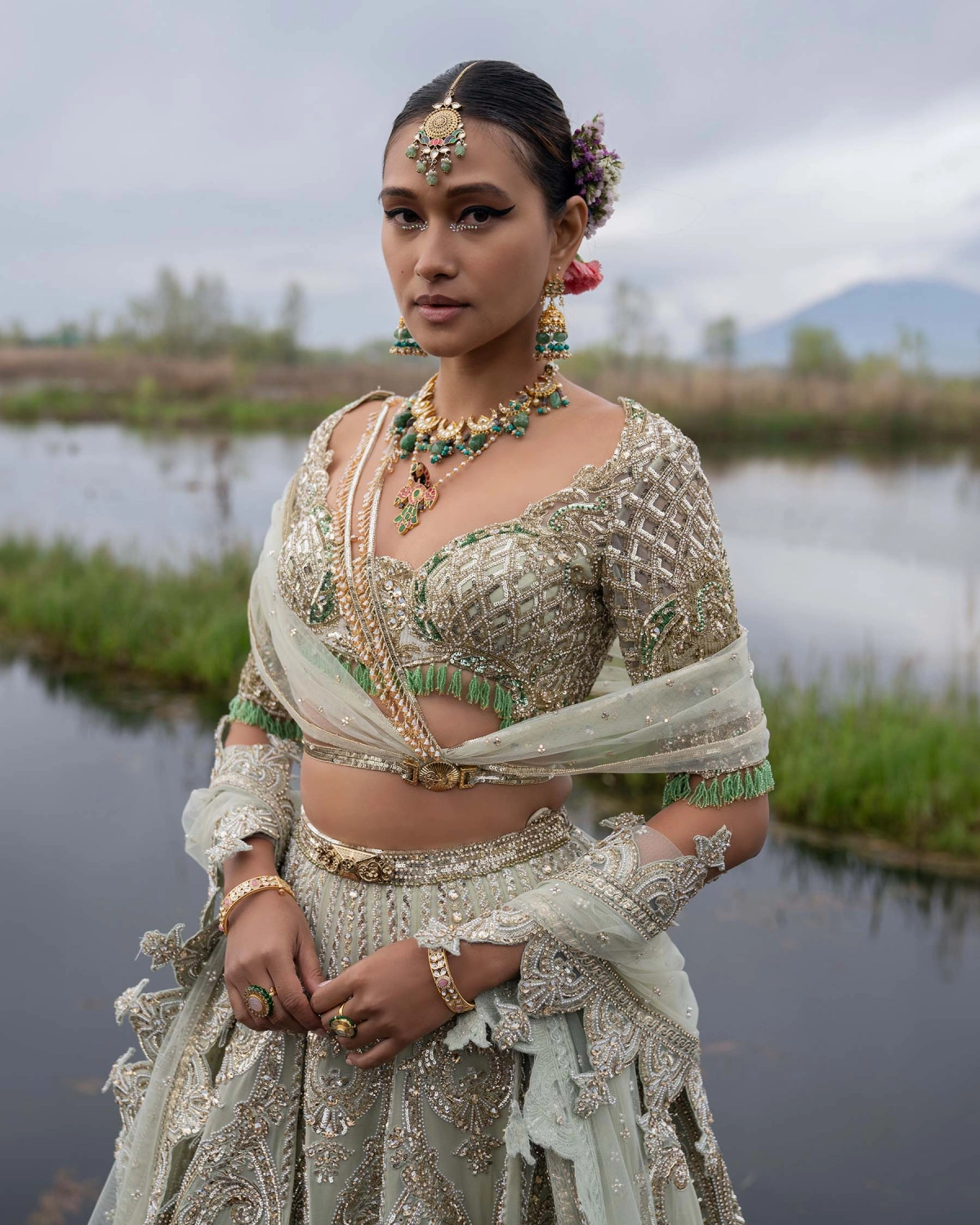 Jada Sage Green-based, Multicoloured Lehenga Set With Sequins