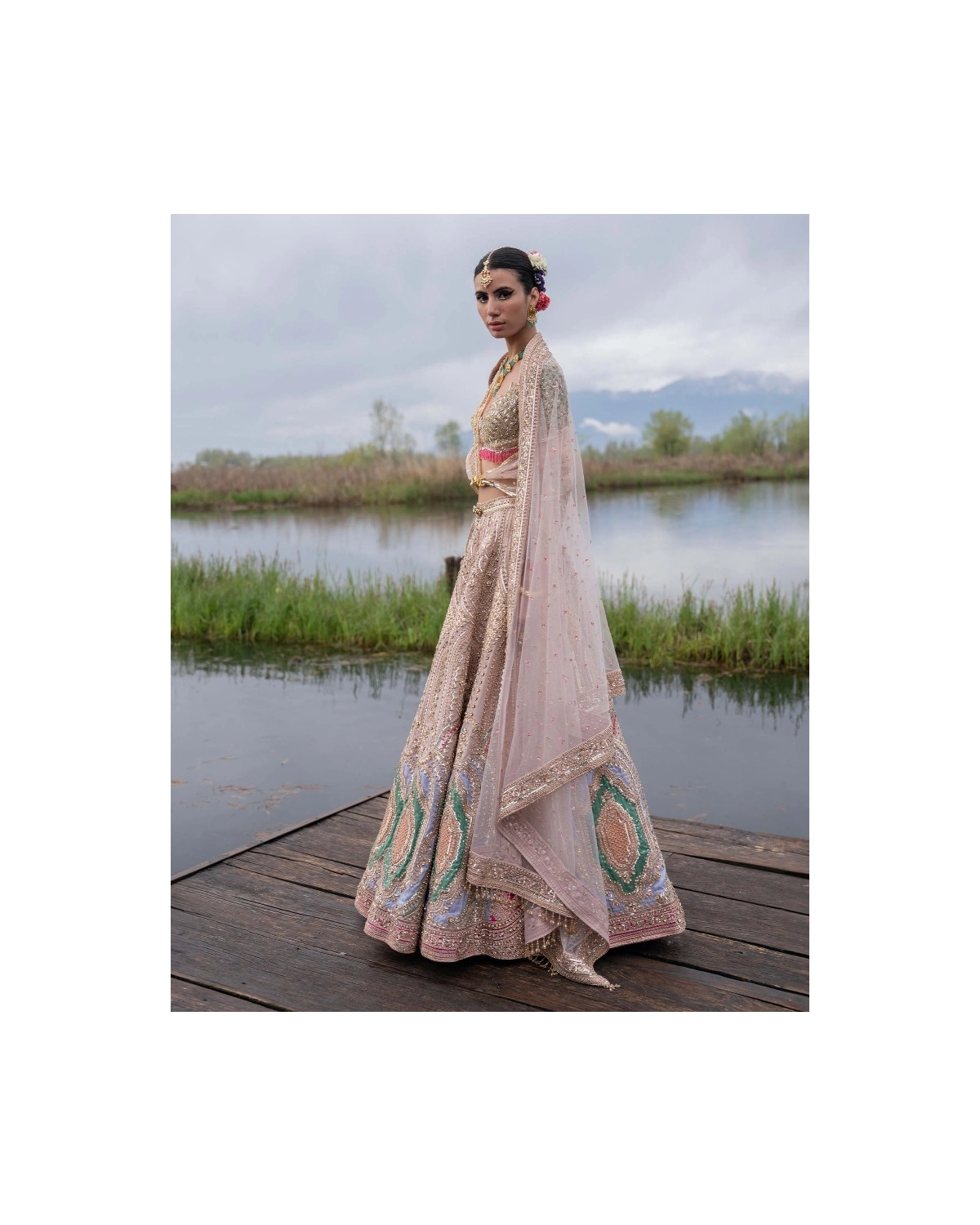 Jacqueline Rose Quartz Pink-based, Multicoloured Lehenga Set With Tulle Drape