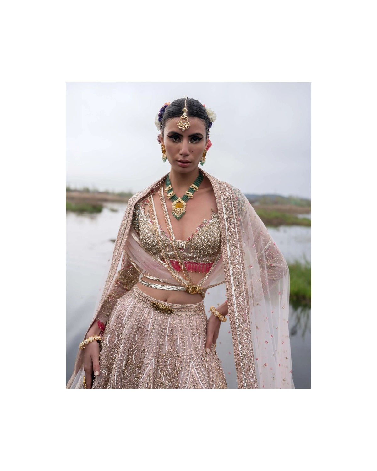 Jacqueline Rose Quartz Pink-based, Multicoloured Lehenga Set With Tulle Drape