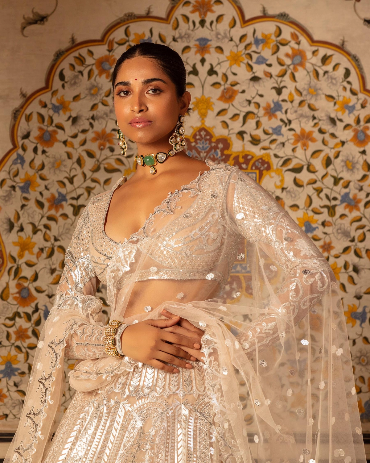Jolene Lehenga Set Beige Silver Architectural Floral Motifs