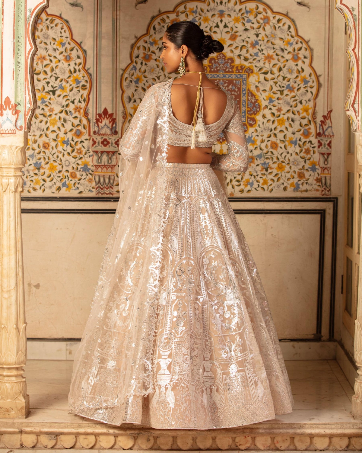 Jolene Lehenga Set Beige Silver Architectural Floral Motifs