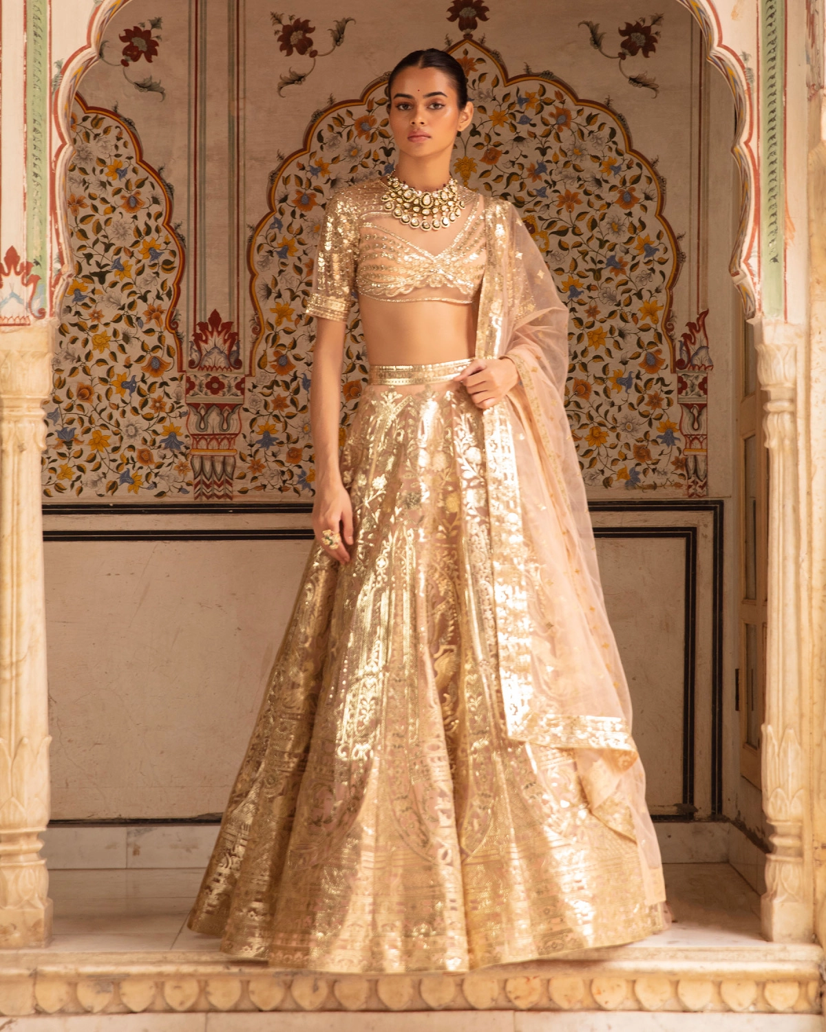 Jillian Lehenga Set English Rose Pink Light Gold Floral Motifs