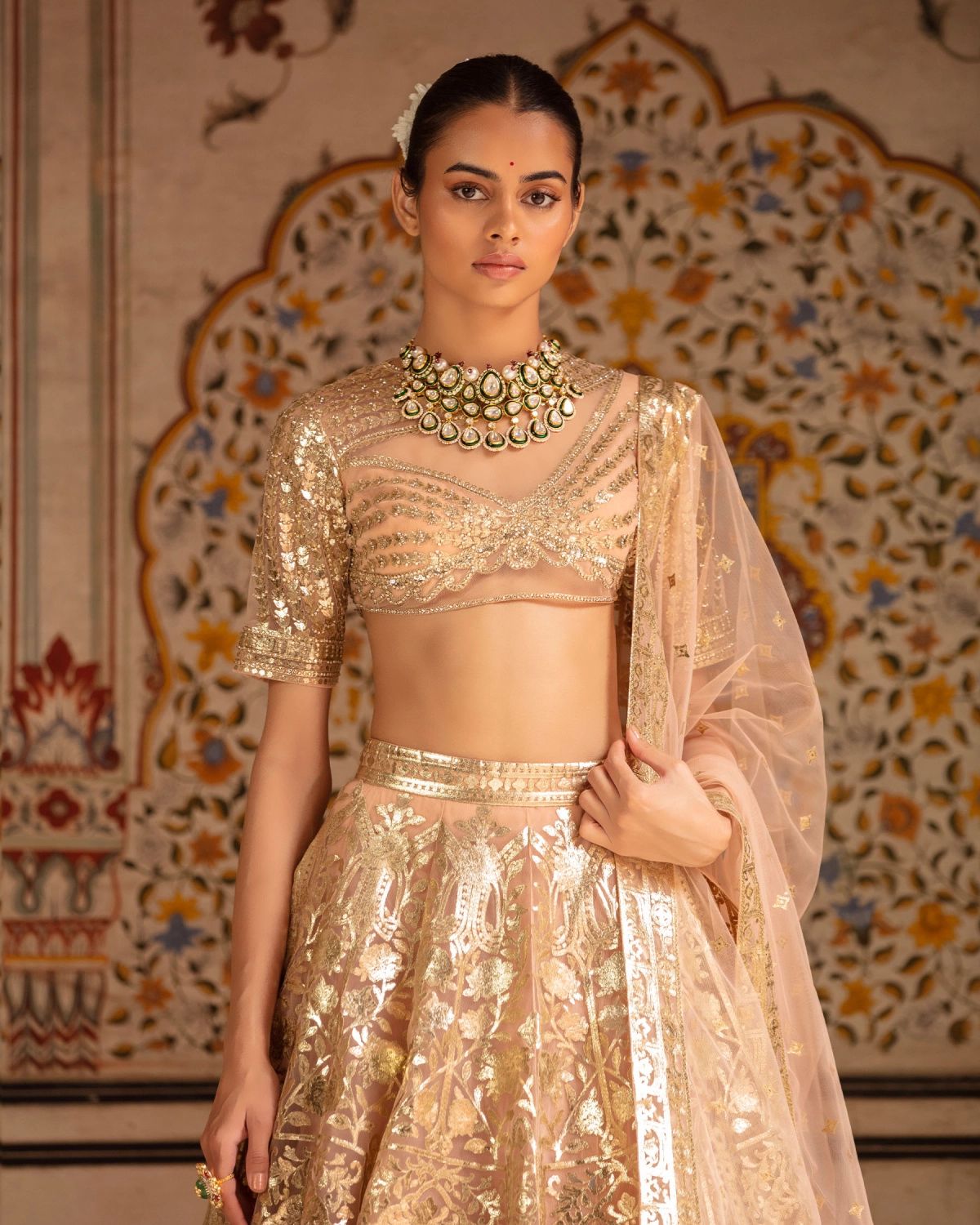 Jillian Lehenga Set English Rose Pink Light Gold Floral Motifs