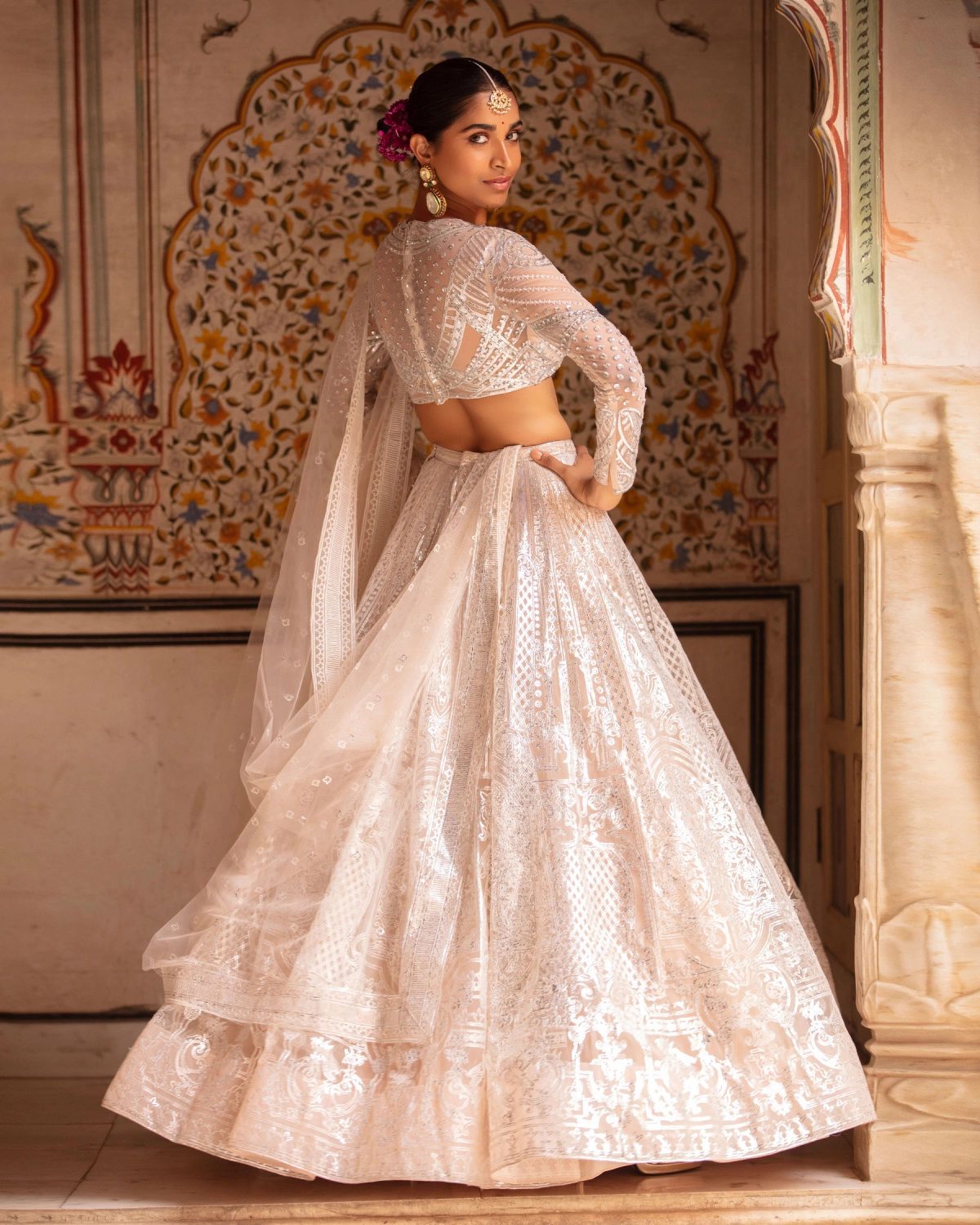 Jessie Lehenga Set Beige Silver Architectural Floral Motifs