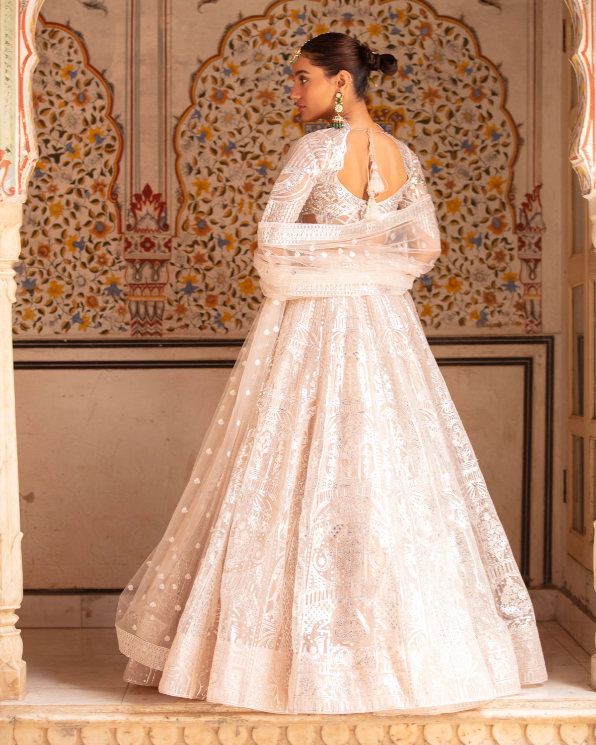 Mylah Lehenga Set Beige Silver Architectural Floral Motifs