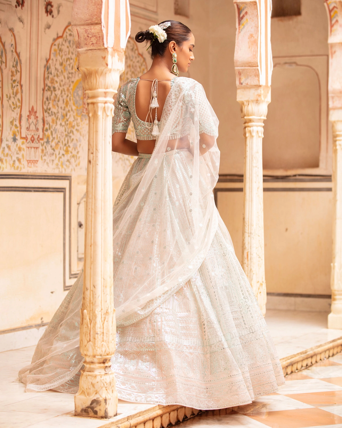Heidi Lehenga Set Faded Peach Sea Blue Architectural Motifs