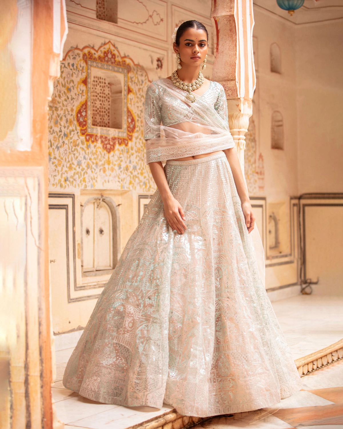 Heather Lehenga Set Faded Peach Sea Blue Architectural Motifs