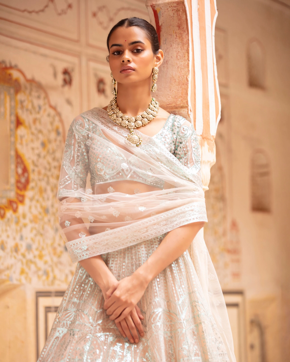 Heather Lehenga Set Faded Peach Sea Blue Architectural Motifs