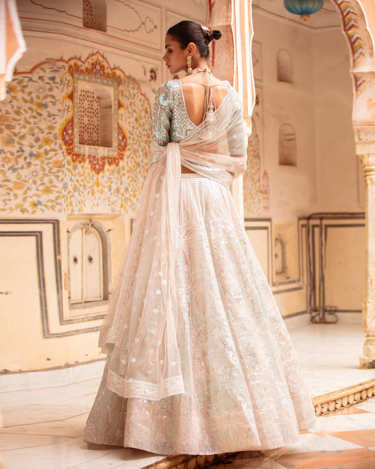 Heather Lehenga Set Faded Peach Sea Blue Architectural Motifs