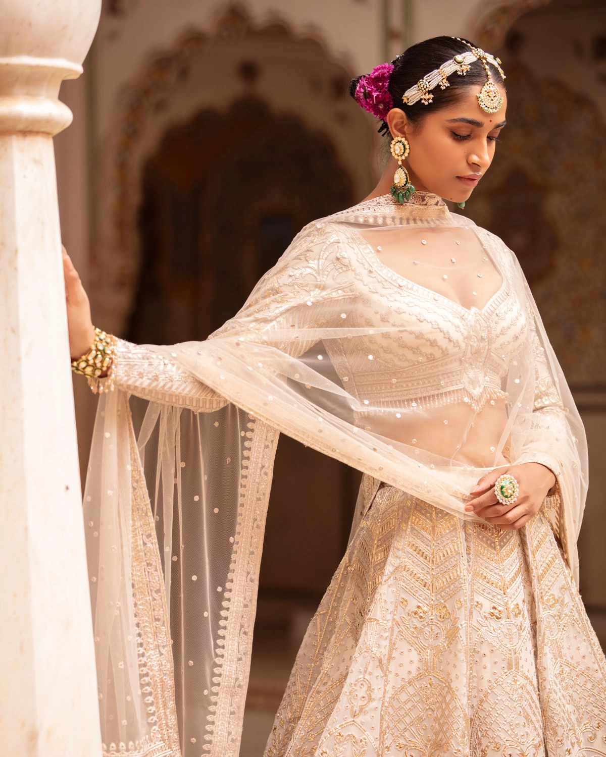 Hailee Powder Pink-based, Light Gold Lehenga Set With Floral Motifs