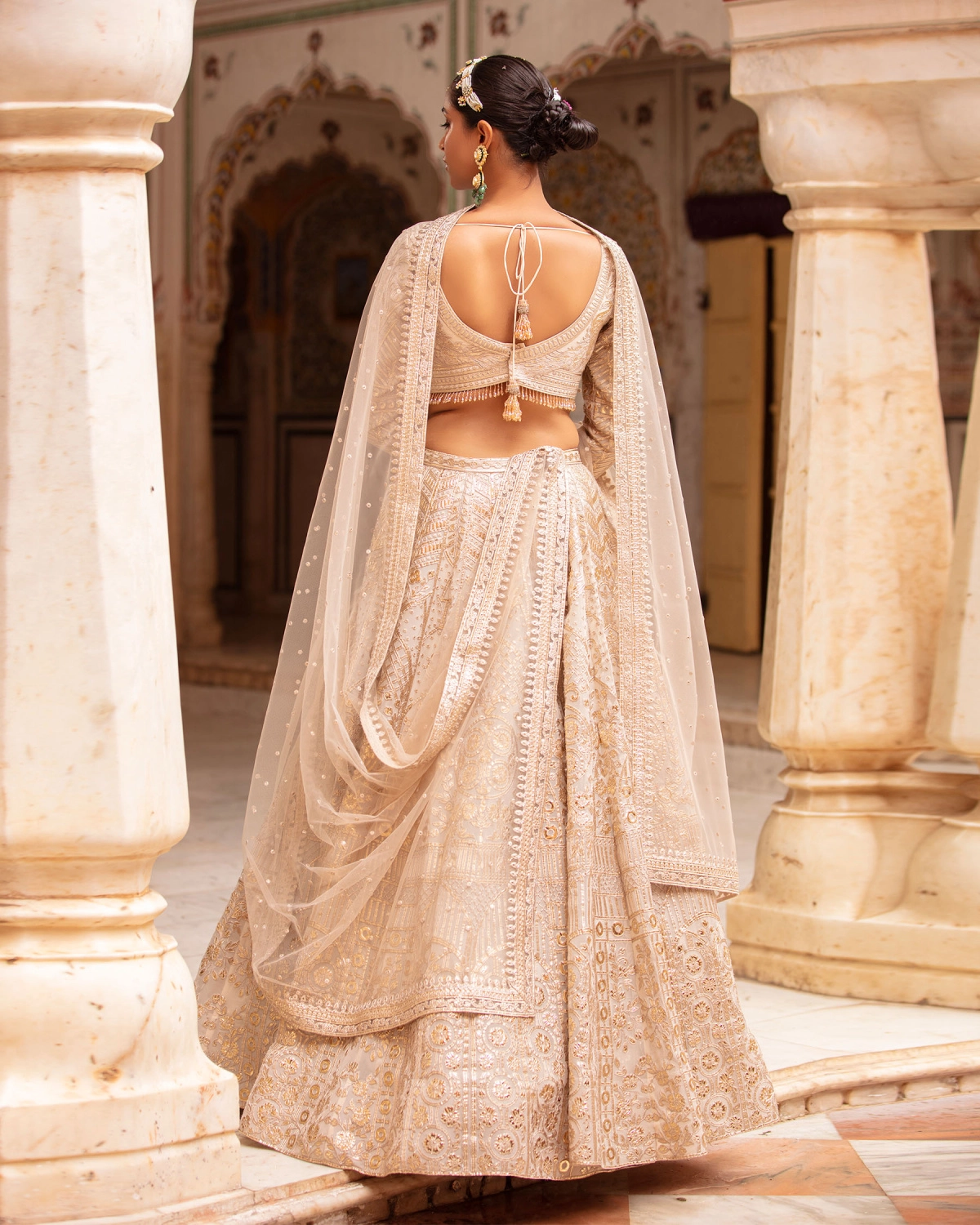 Hailee Powder Pink-based, Light Gold Lehenga Set With Floral Motifs