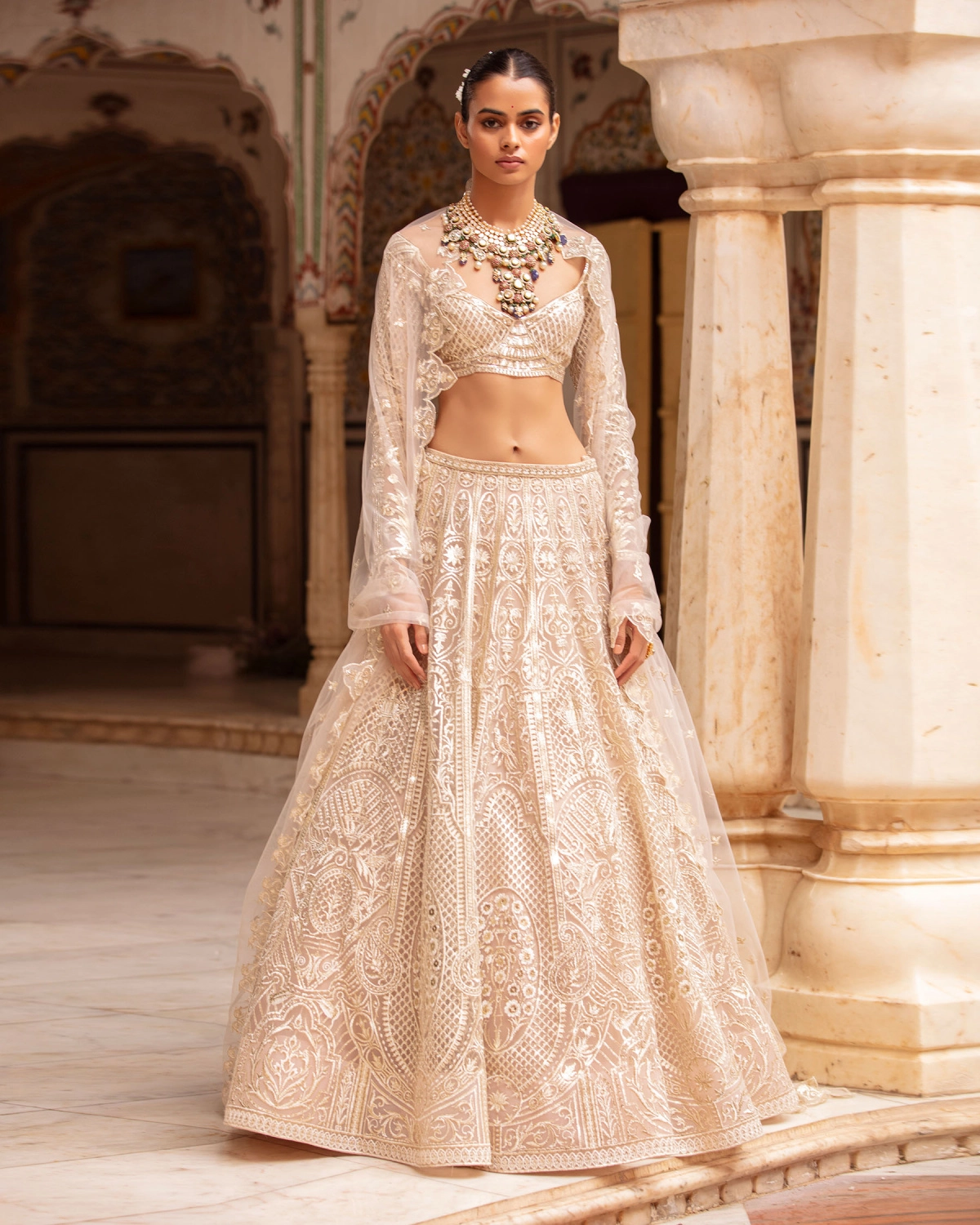 Zayla Powder Pink-based, Light Gold Lehenga Set With Crystals