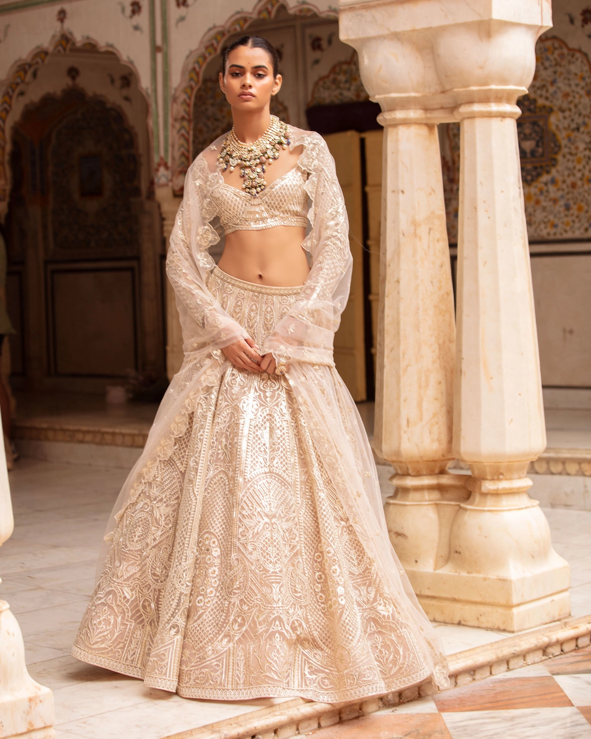 Zayla Powder Pink-based, Light Gold Lehenga Set With Crystals