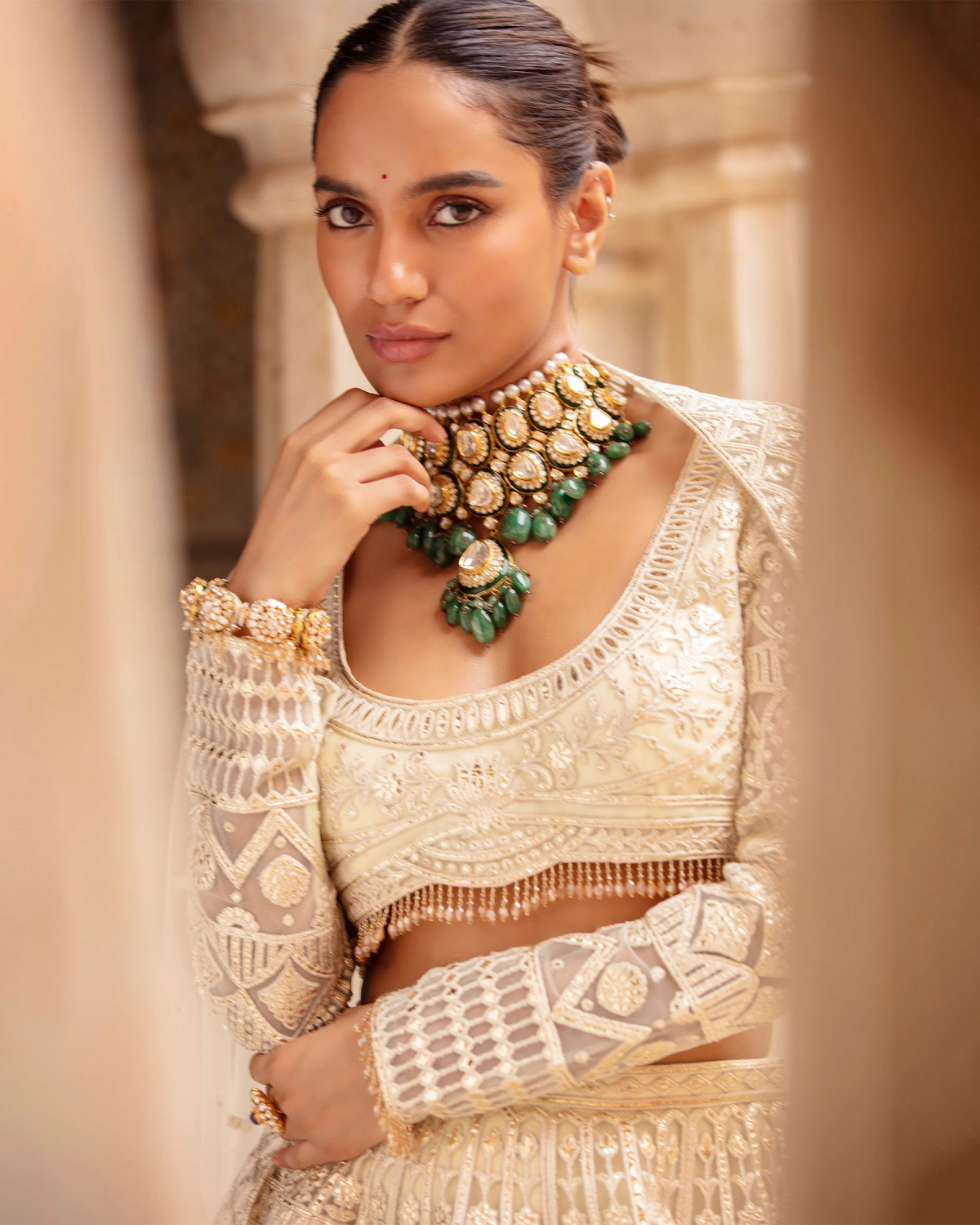Gracelyn Creme-based, Light Gold Lehenga Set With Foliage Motifs