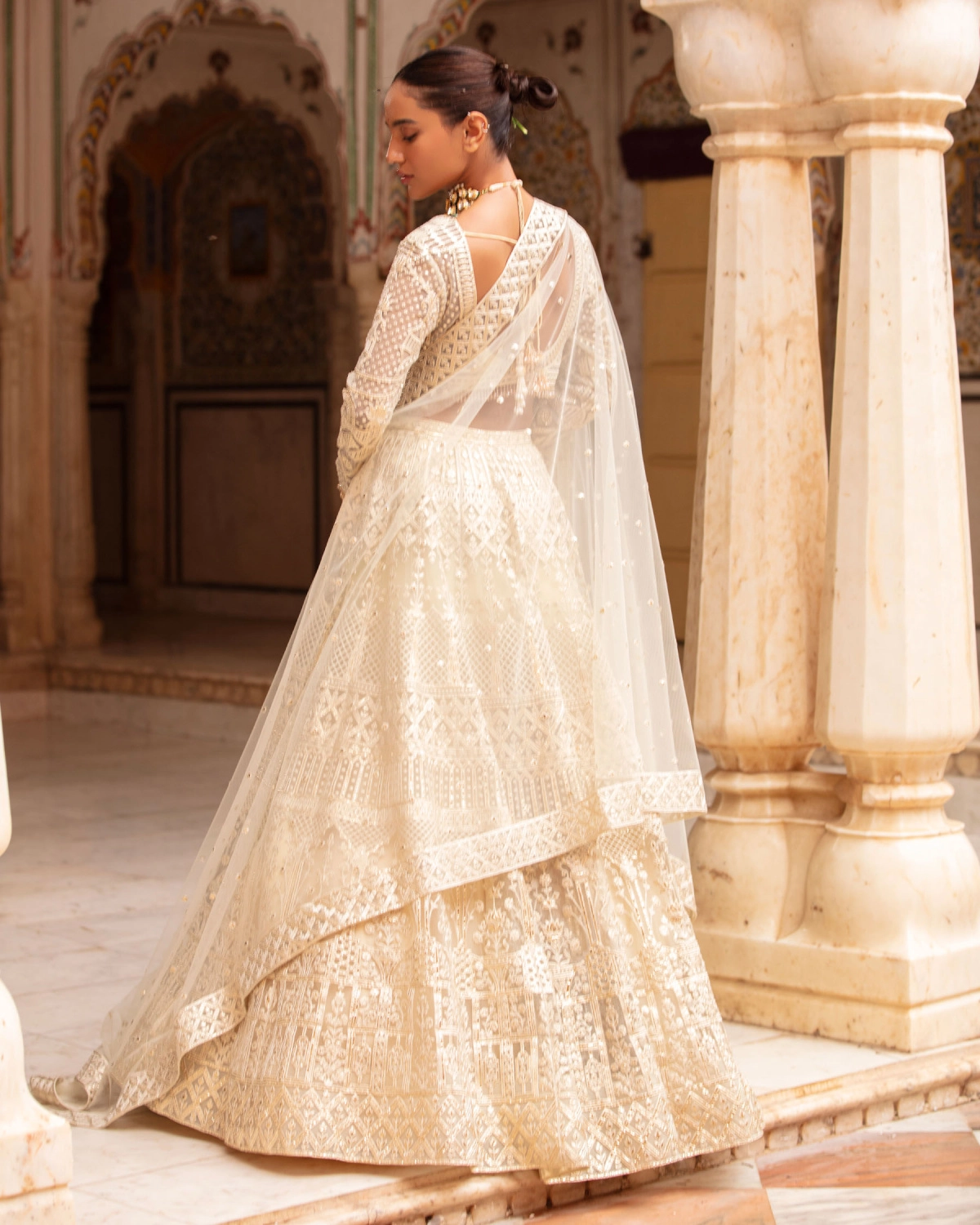 Gracelyn Creme-based, Light Gold Lehenga Set With Foliage Motifs