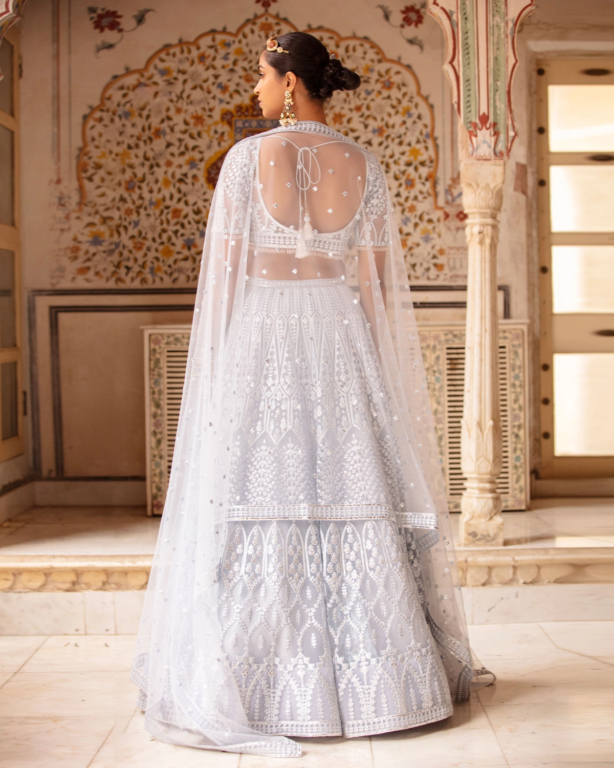 Giselle Powder Blue-based, Light Gold Lehenga Set With Foliage Motifs