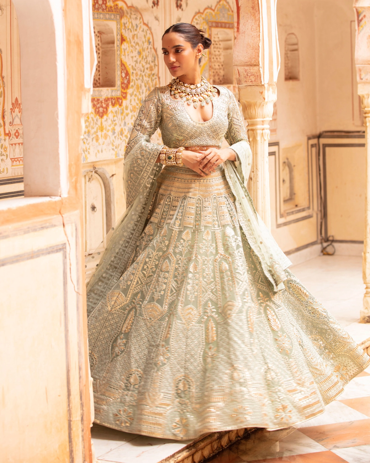 Giovanna Sage Green-based, Light Gold Lehenga Set With Architectural Motifs