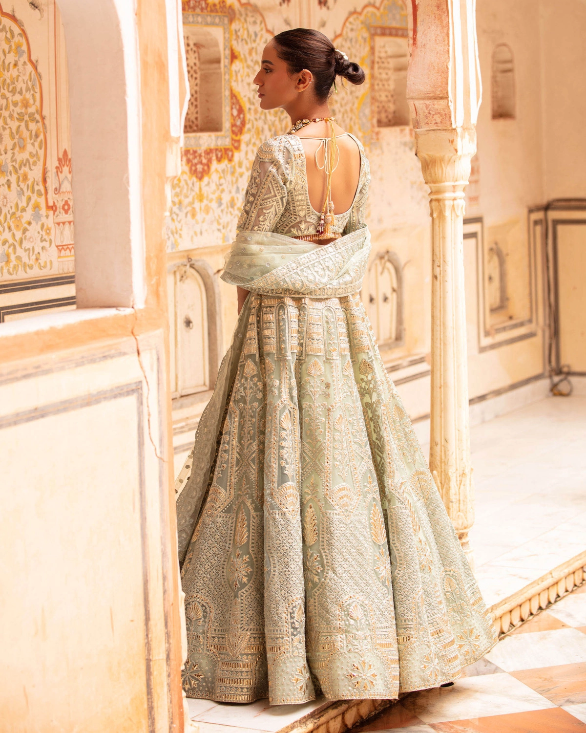 Giovanna Sage Green-based, Light Gold Lehenga Set With Architectural Motifs