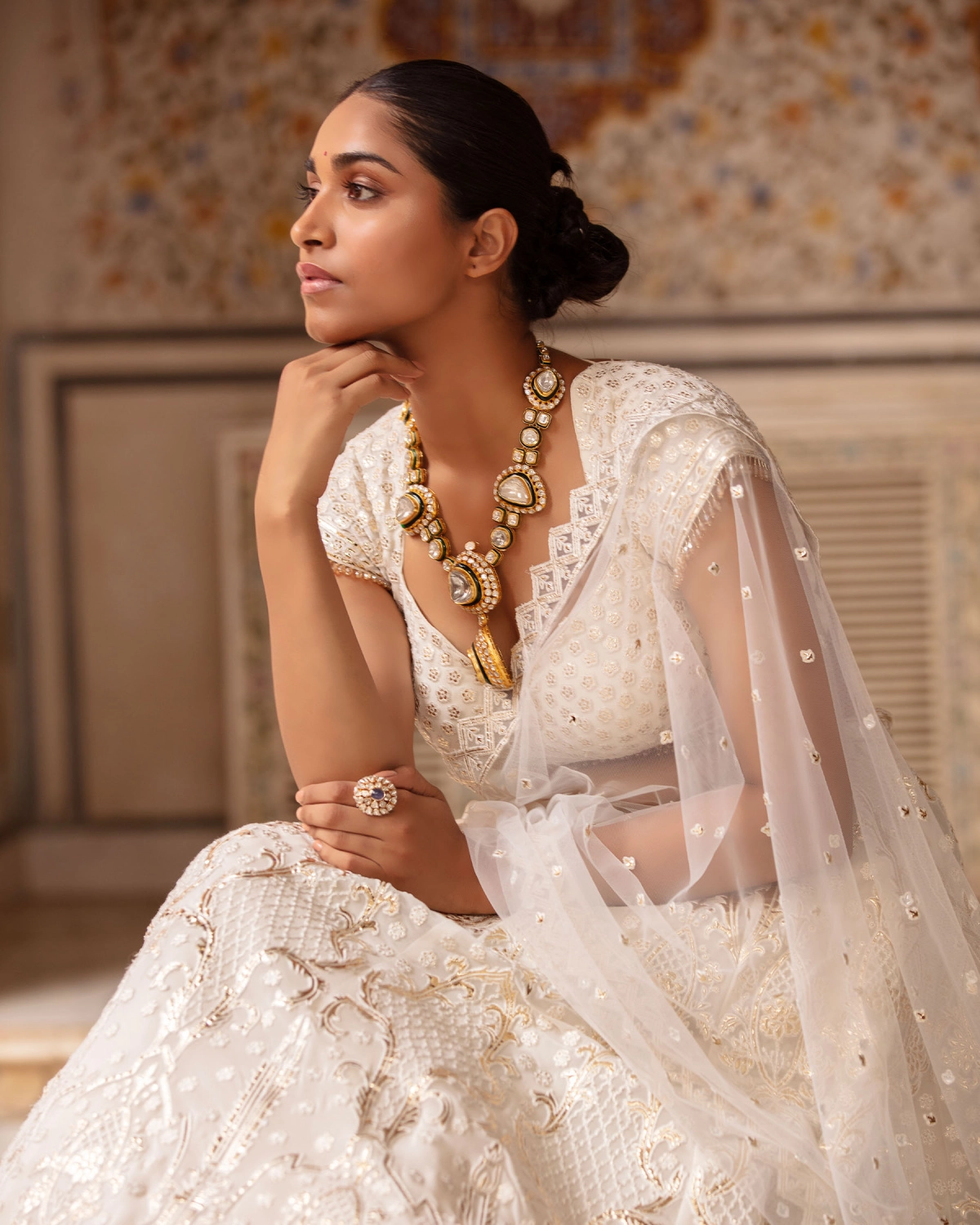 Genevieve Light Peach-based, Light Gold Lehenga Set With Tulle Dupatta