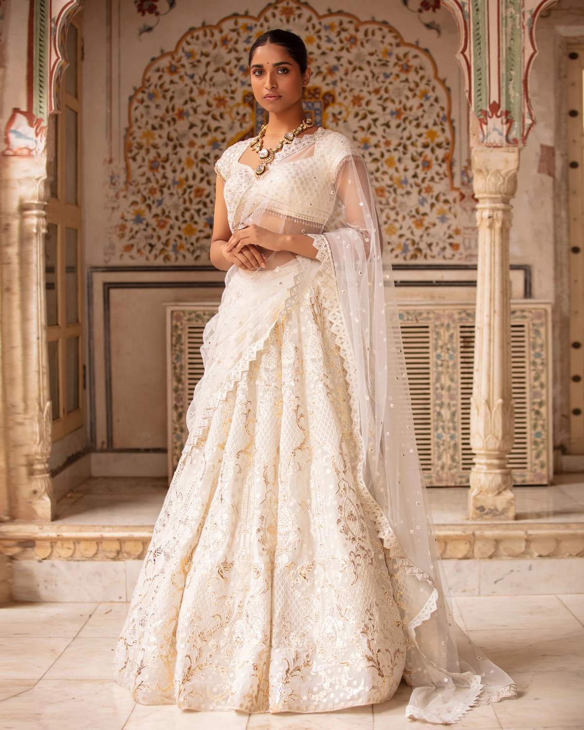 Genevieve Light Peach-based, Light Gold Lehenga Set With Tulle Dupatta