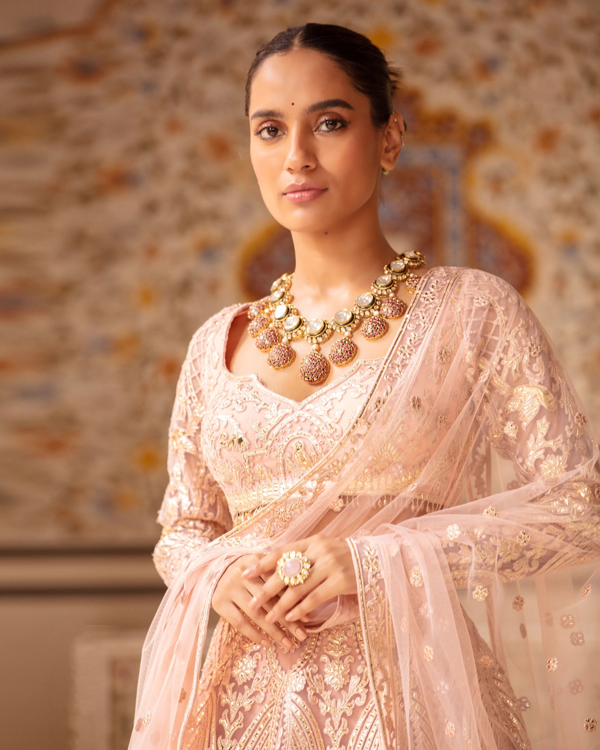 Gemma Powder Pink-based, Light Gold Lehenga Set With Foliage Motifs