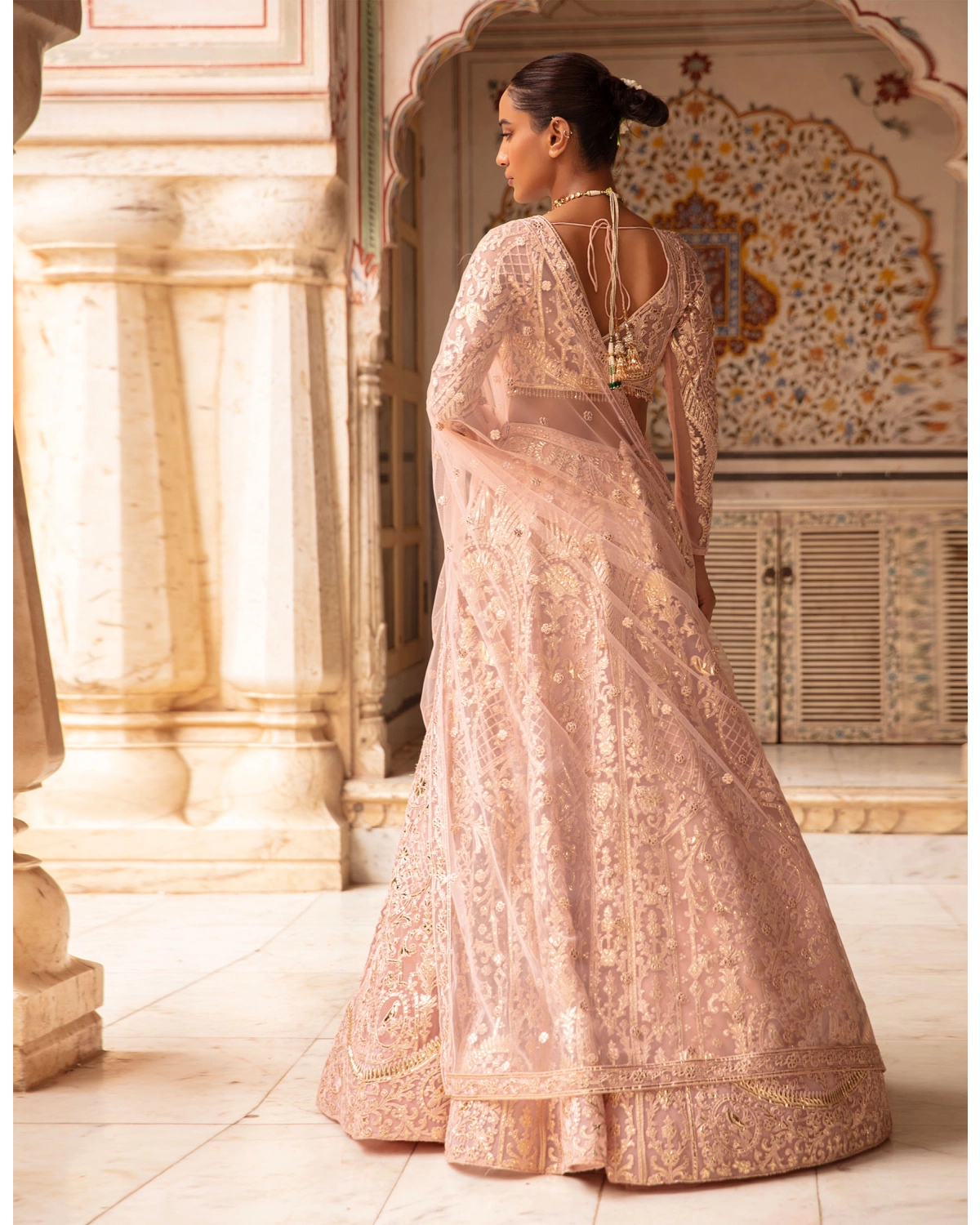 Gemma Powder Pink-based, Light Gold Lehenga Set With Foliage Motifs