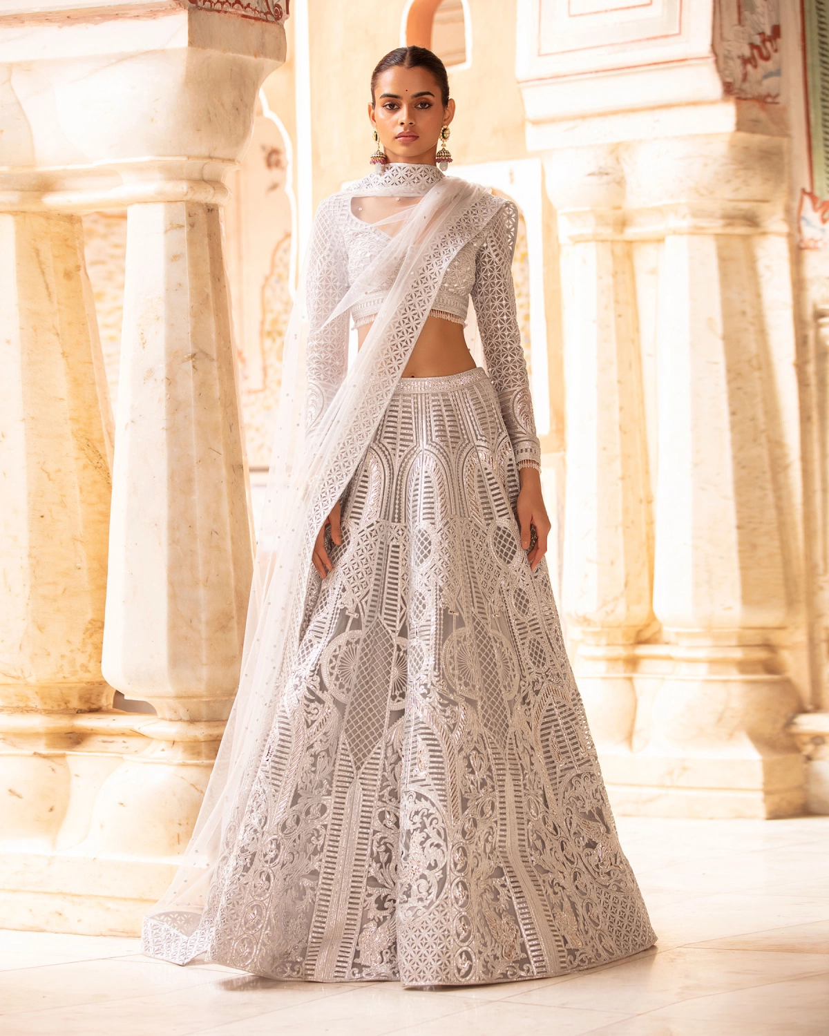 Gabriella Cloud Grey-based, Silver Lehenga Set With Ivory Threadwork