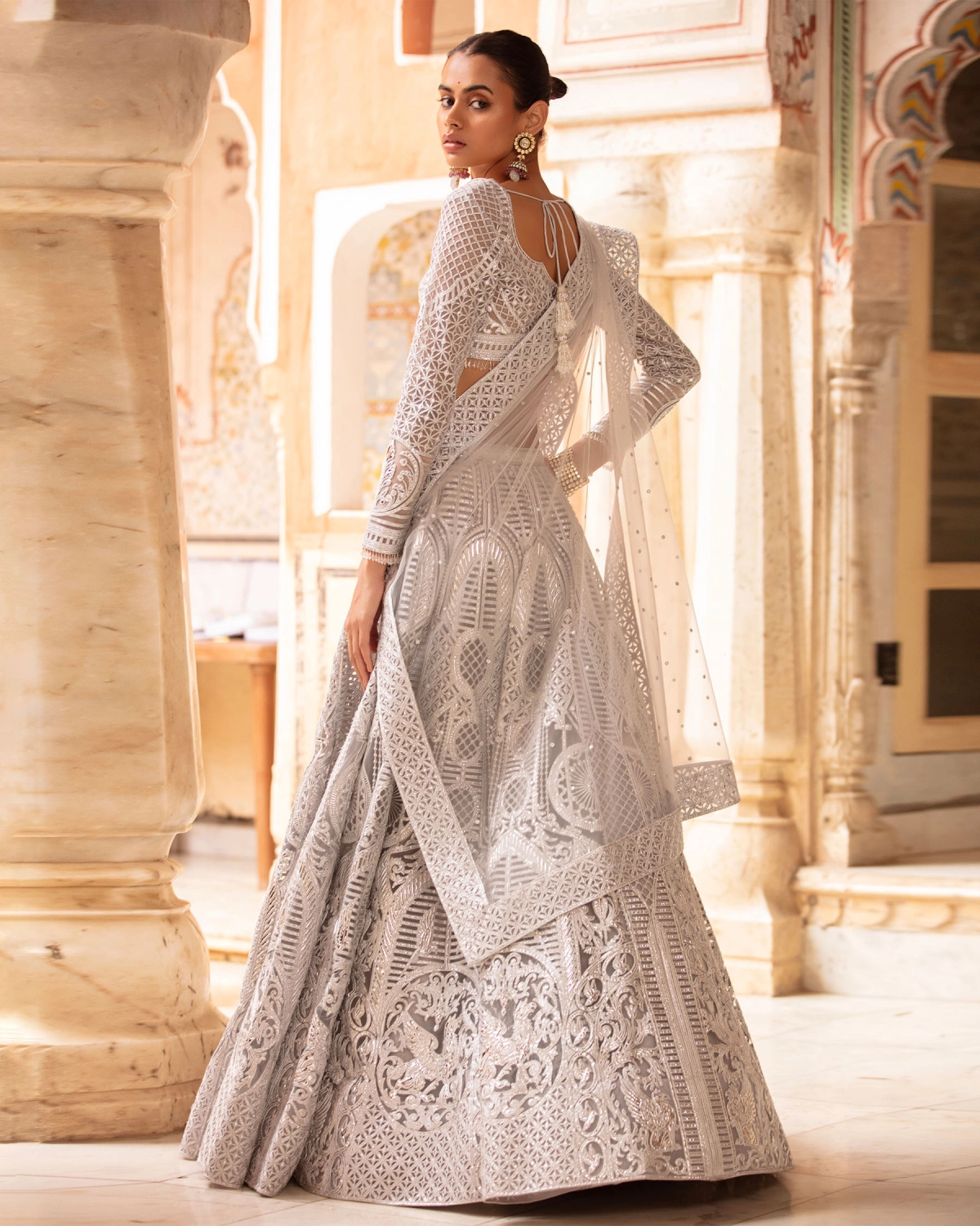 Gabriella Cloud Grey-based, Silver Lehenga Set With Ivory Threadwork