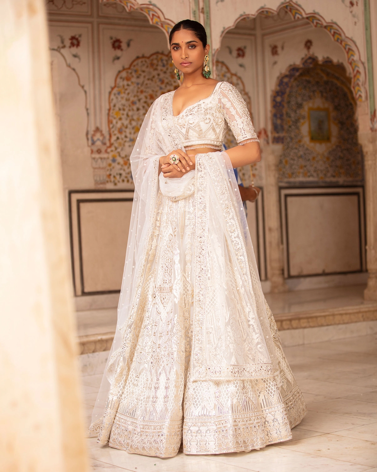 Frida Ivory-based, Light Gold Lehenga Set With Chrome Applique