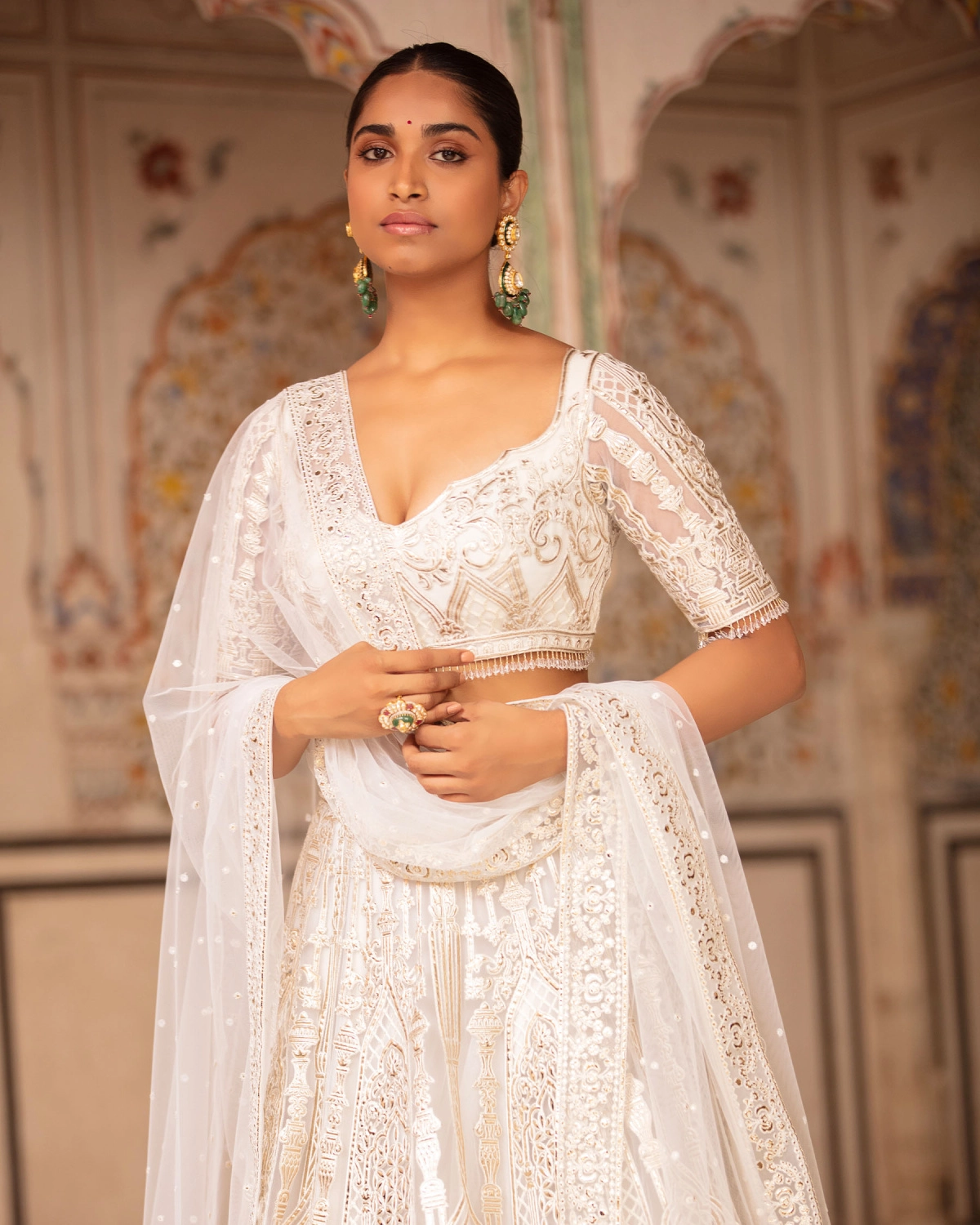 Frida Ivory-based, Light Gold Lehenga Set With Chrome Applique