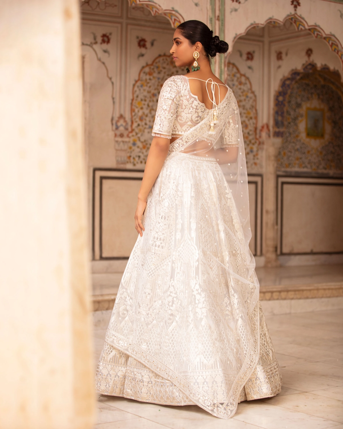Frida Ivory-based, Light Gold Lehenga Set With Chrome Applique