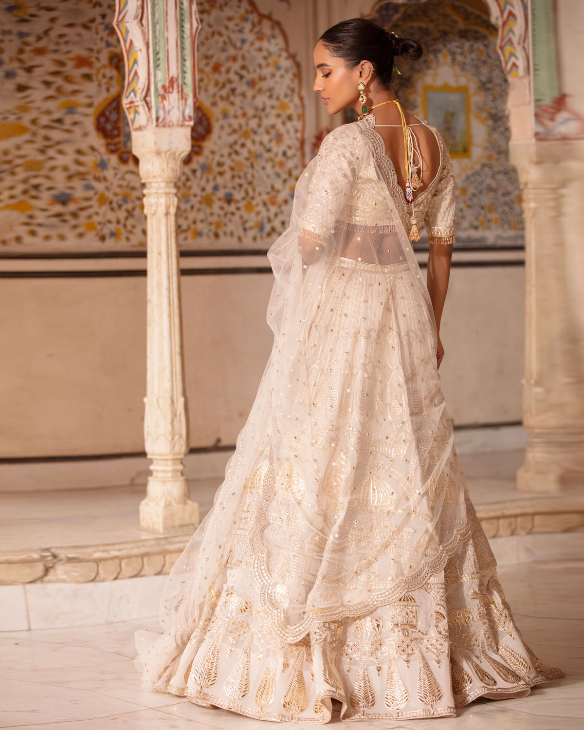 Francesca Light Beige-based, Light Gold Lehenga Set With Palanquin Motifs