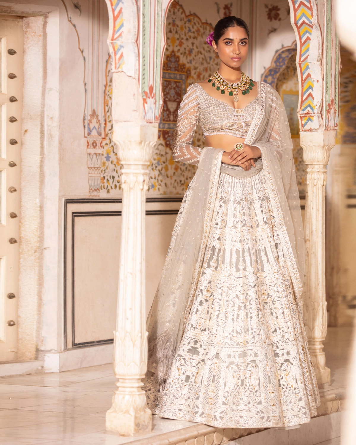 Felicity Quiet Grey, Light Gold Lehenga Set With Architectural Motifs