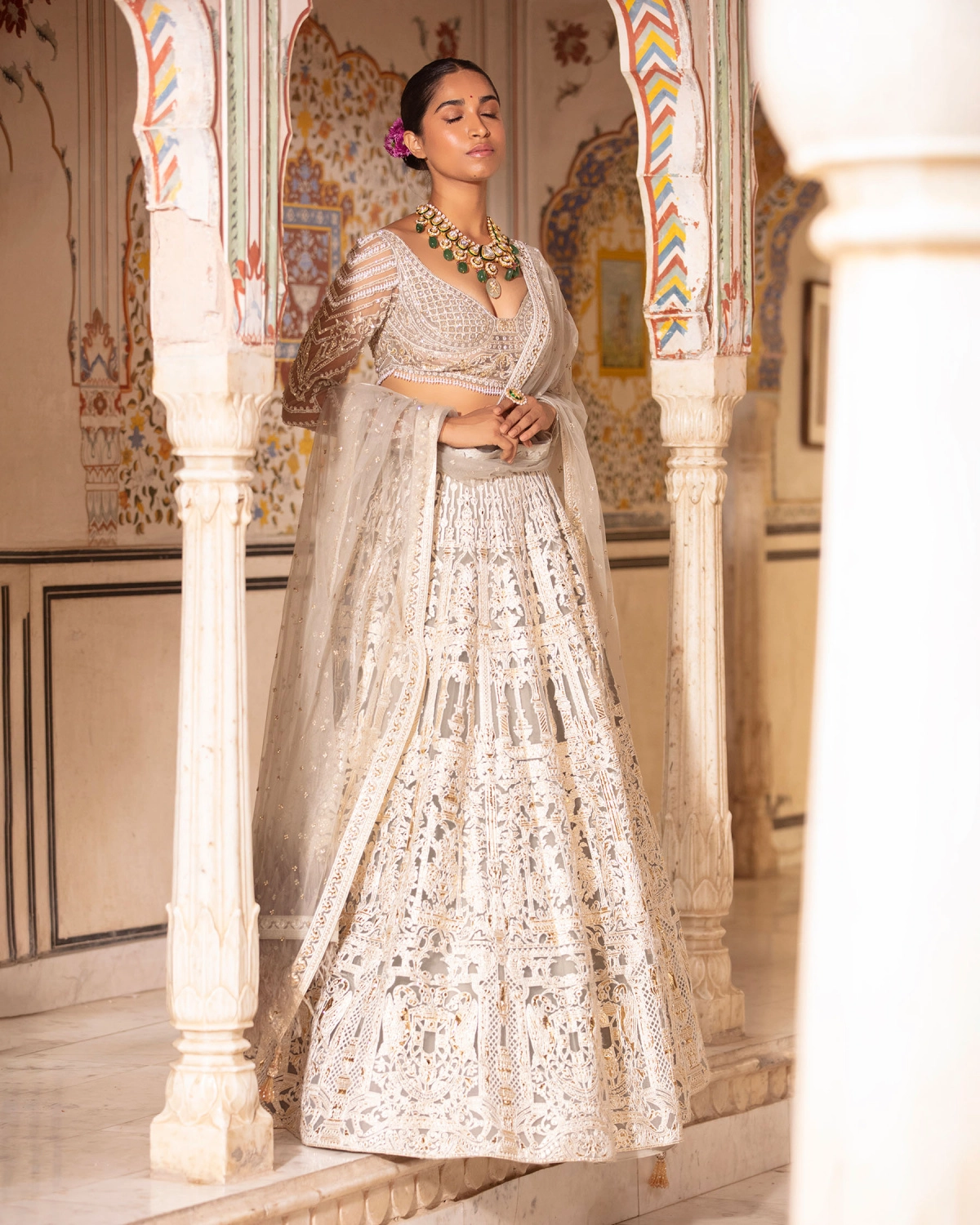 Felicity Quiet Grey, Light Gold Lehenga Set With Architectural Motifs